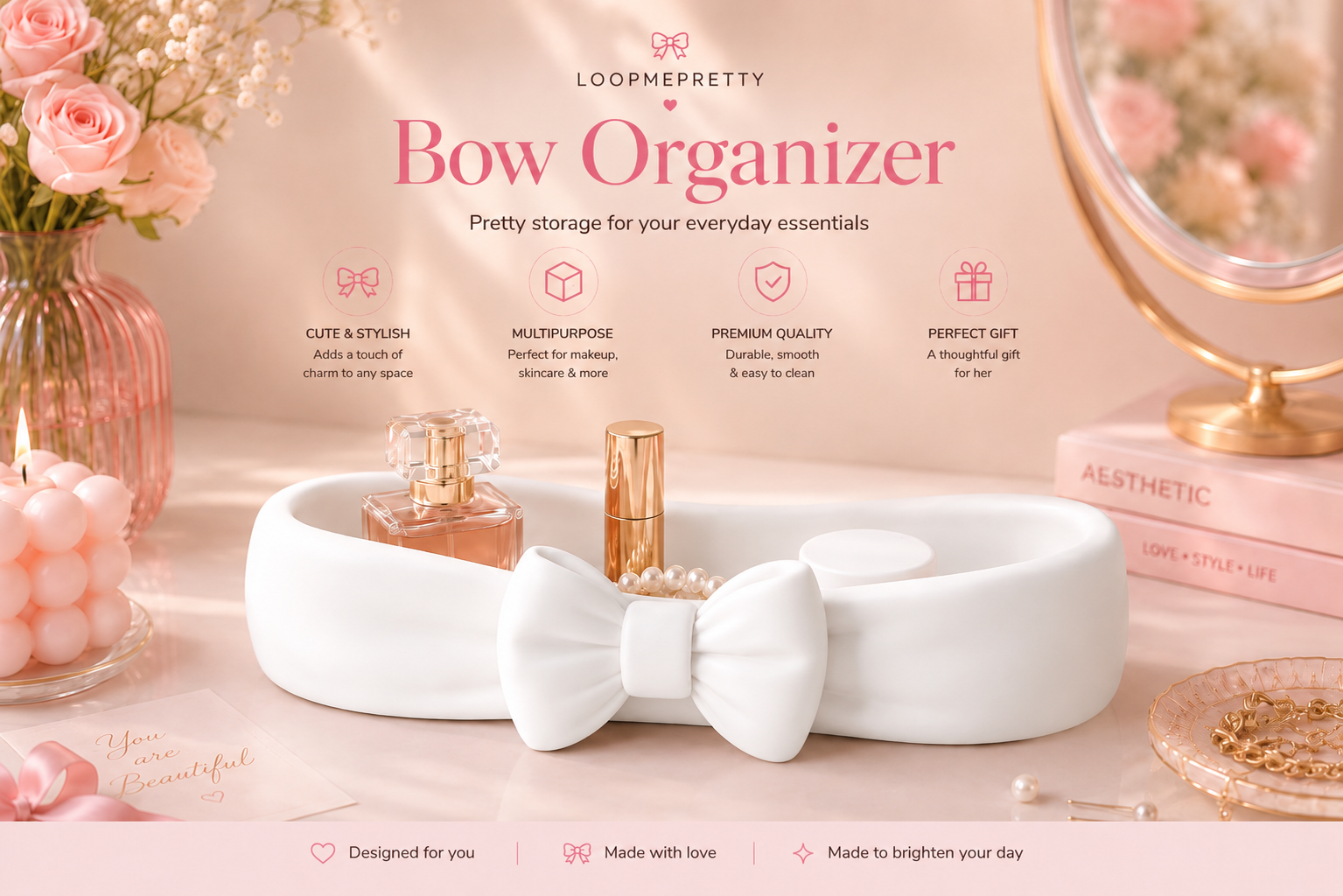 White Bow Makeup and Vanity Organizer Tray for Cosmetics, Skincare, Perfume and Jewellery Storage by LoopMePretty