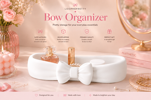 White Bow Makeup and Vanity Organizer Tray for Cosmetics, Skincare, Perfume and Jewellery Storage by LoopMePretty