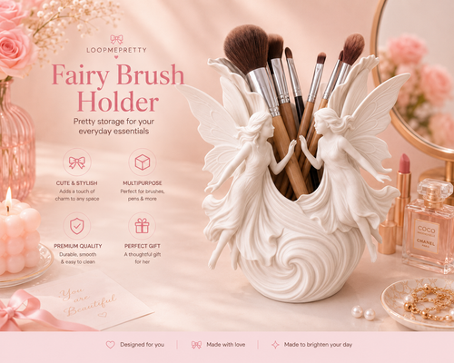 White Fairy Makeup Brush Holder for Vanity, Makeup Brushes, Pens and Desk Organization by LoopMePretty