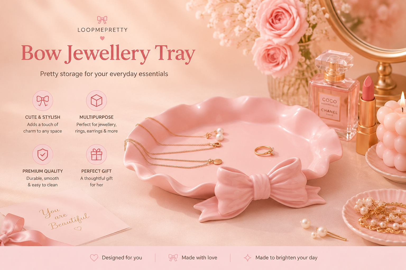 Pink Bow Jewellery Tray for Rings, Earrings, Necklaces and Vanity Organization by LoopMePretty