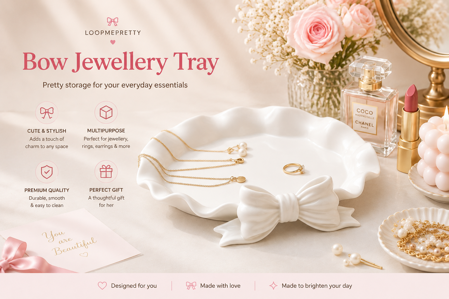 White Bow Jewellery Tray for Rings, Earrings, Necklaces and Vanity Organization by LoopMePretty