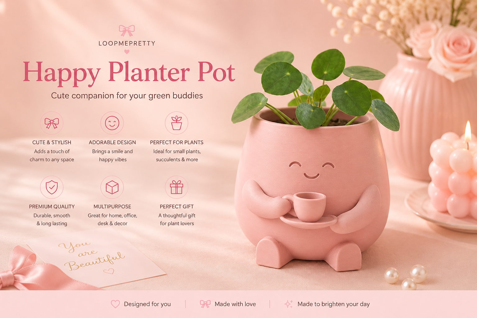 Cute Baby Pink Happy Planter Pot for Indoor Plants and Succulent Decor by LoopMePretty