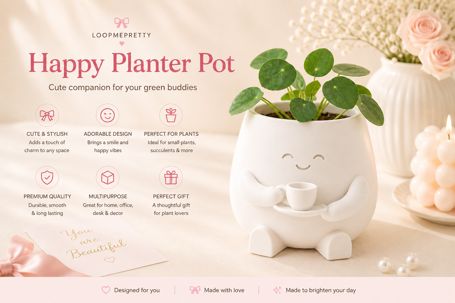 Cute White Happy Planter Pot for Indoor Plants and Succulent Decor by LoopMePretty