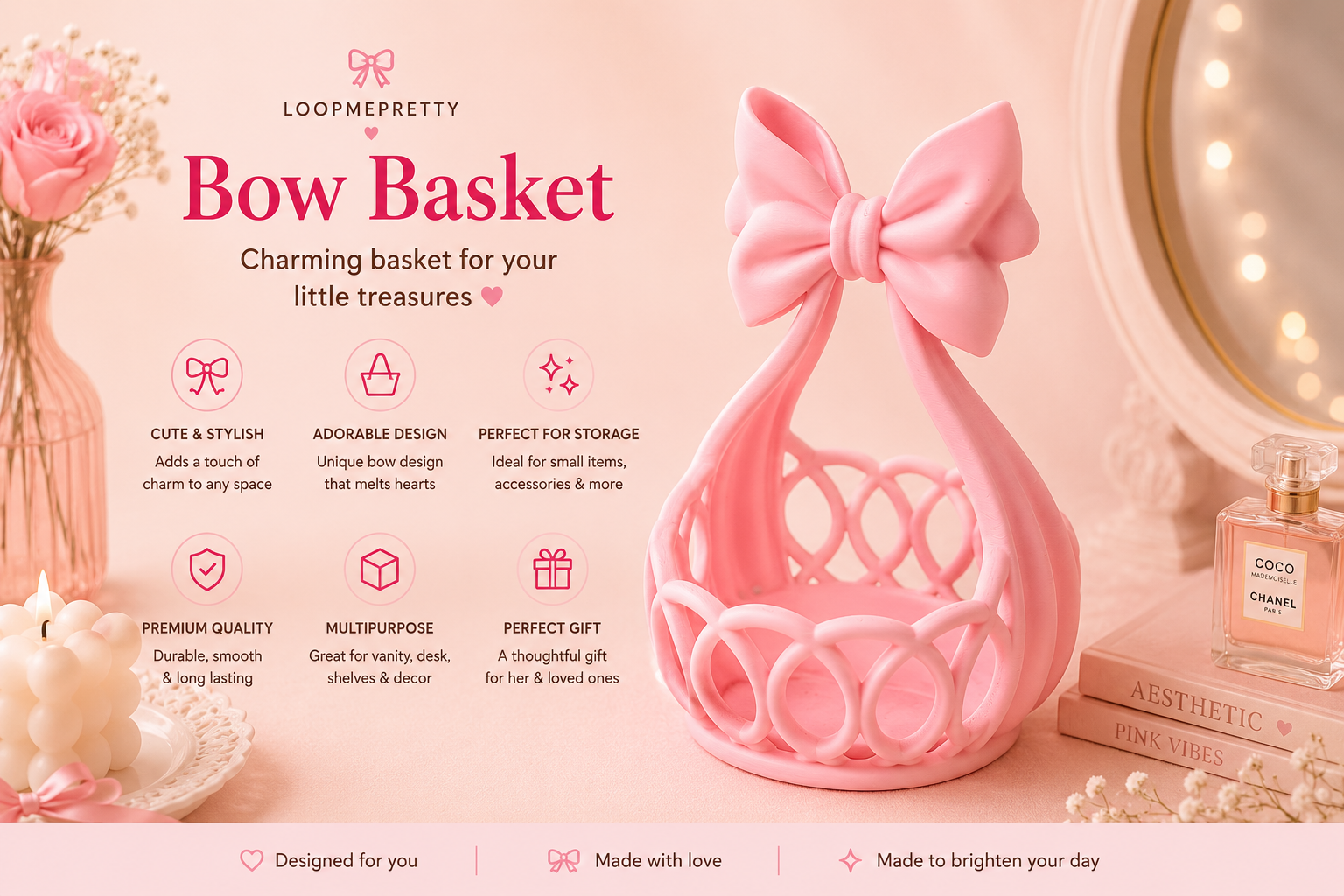 LoopMePretty Bow Basket – Cute & Stylish Storage￼