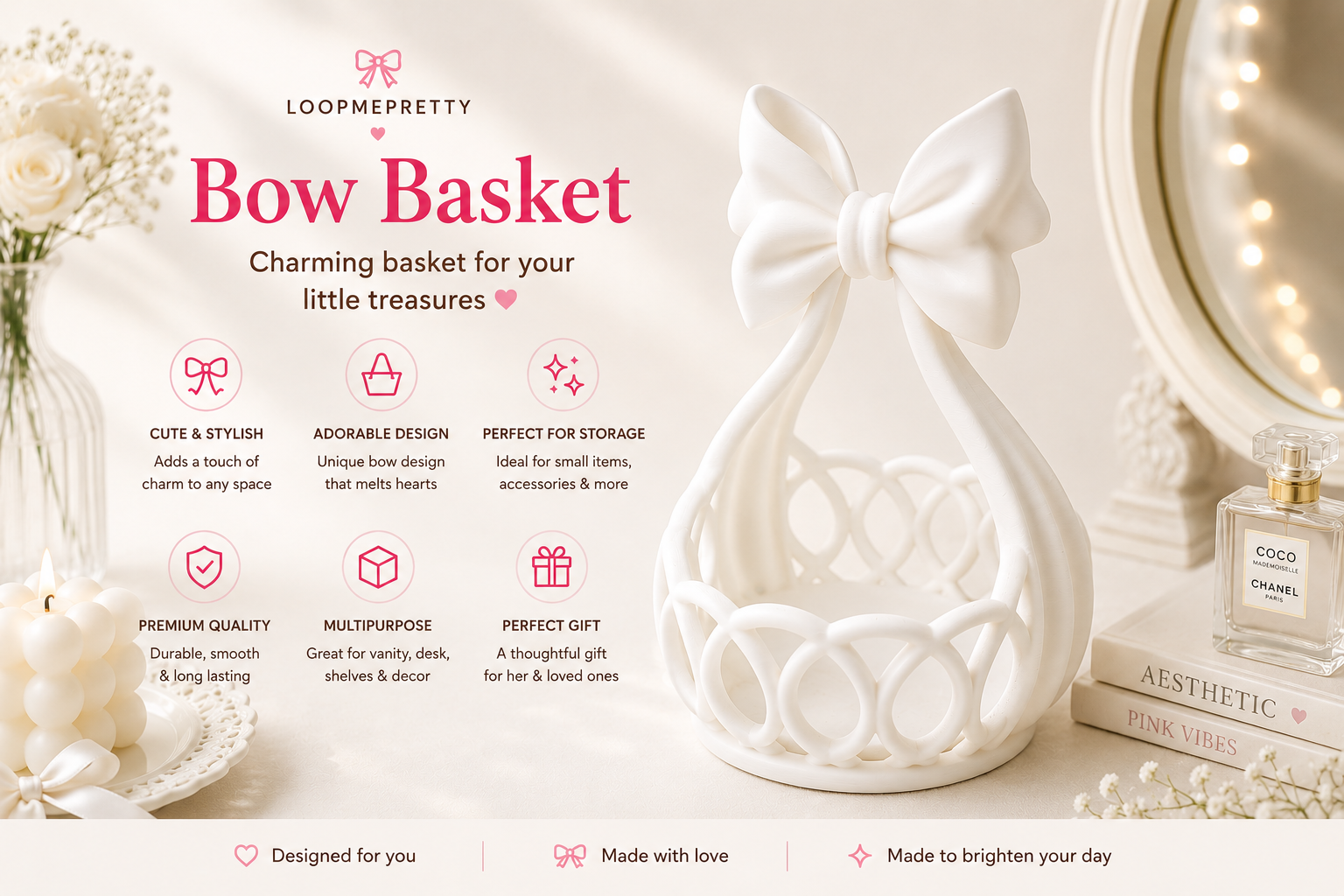 LoopMePretty Bow Basket – Cute & Stylish Storage￼