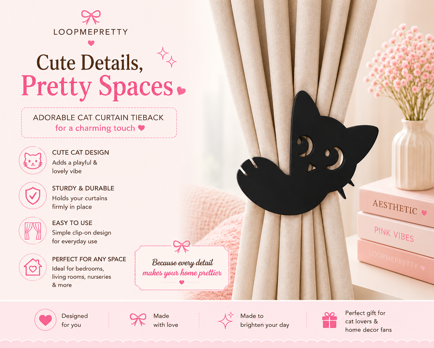 Cat-shaped curtain tieback with Loopmepretty branding on a white background