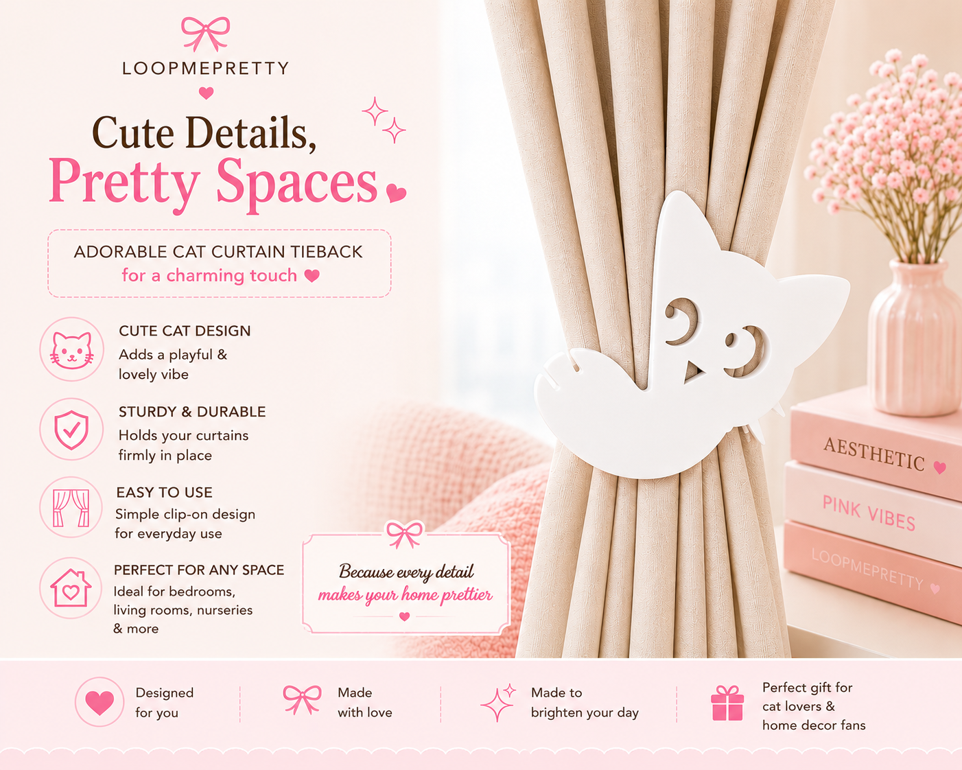 Cat-shaped curtain tieback with Loopmepretty branding on a decorative background.