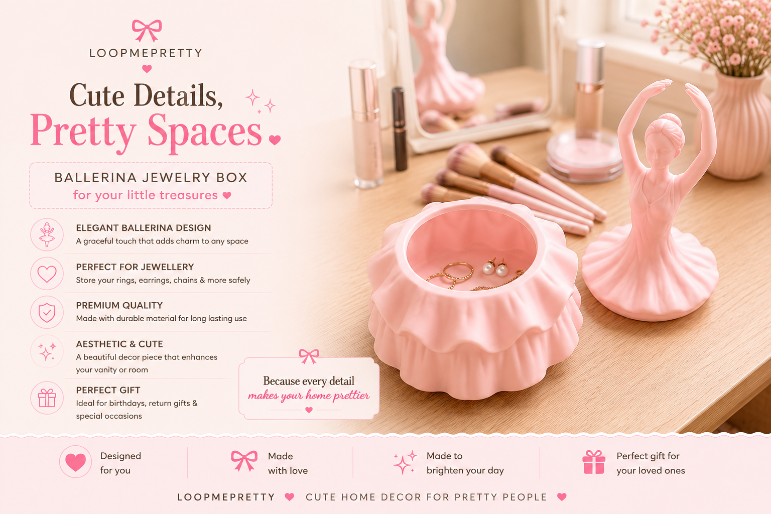 Baby pink ballerina jewellery box with hidden storage compartment for rings, earrings and accessories on an aesthetic vanity table.