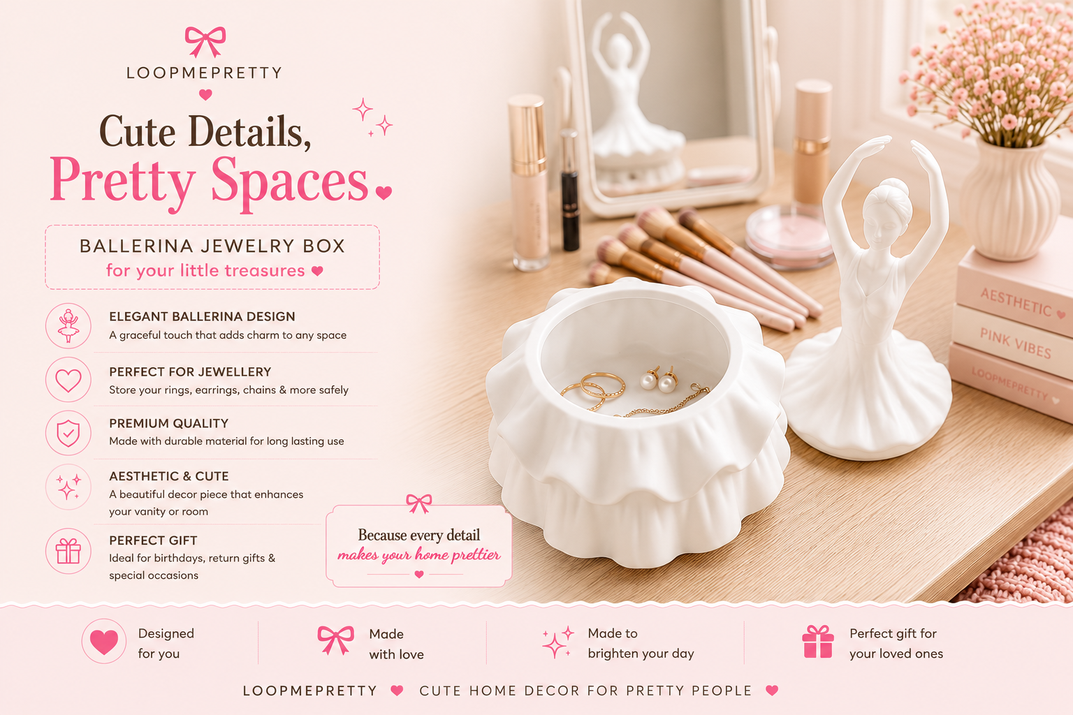 White ballerina jewellery box for storing rings, earrings and jewellery, displayed as elegant vanity decor for bedrooms and dressing tables.