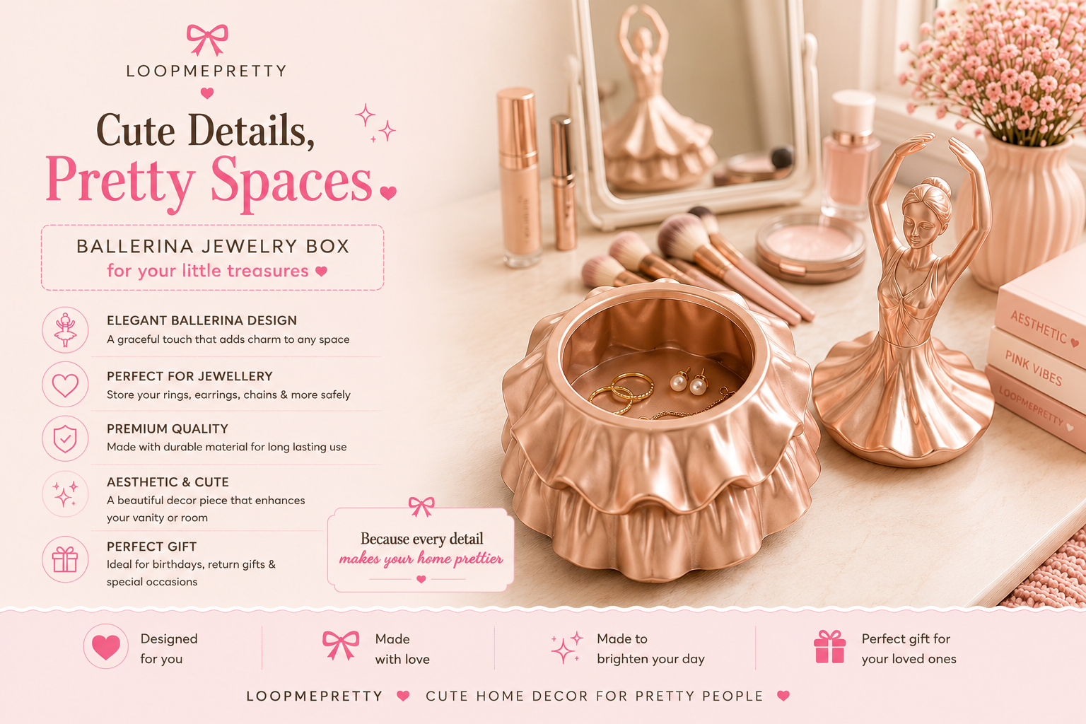 Rose gold ballerina jewellery box with decorative storage for rings, earrings and necklaces, perfect for vanity and room decor.