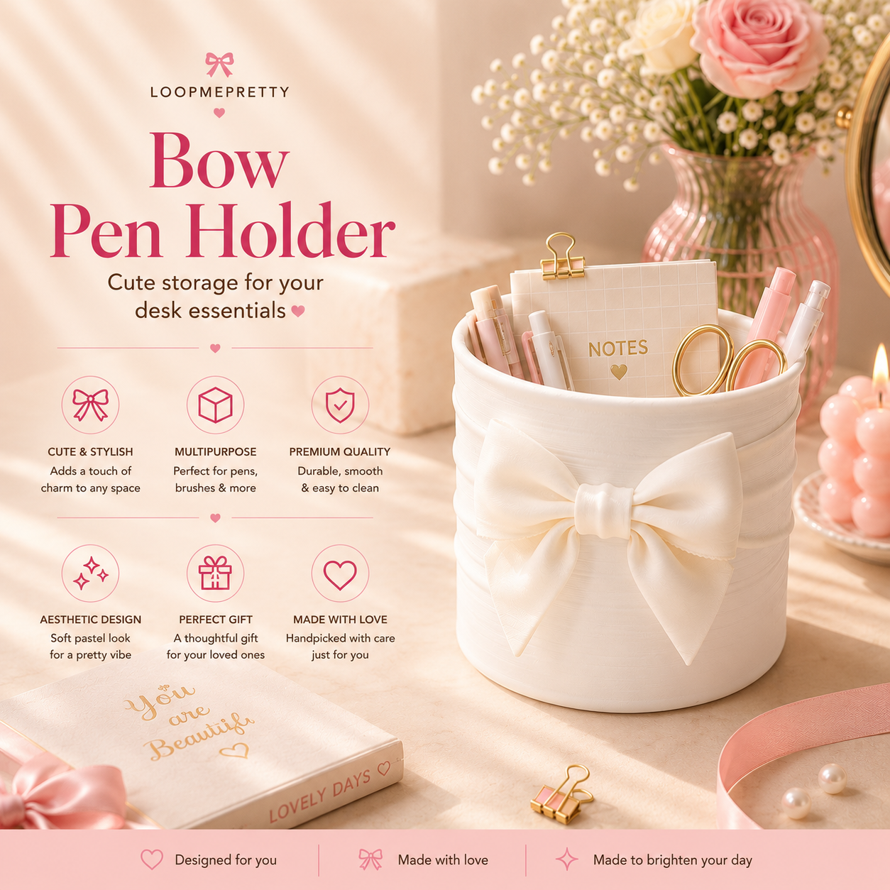 Bow Pen Holder – Cute Desk Organizer for Girls | Aesthetic Makeup Brush Holder | Pastel Desk Decor